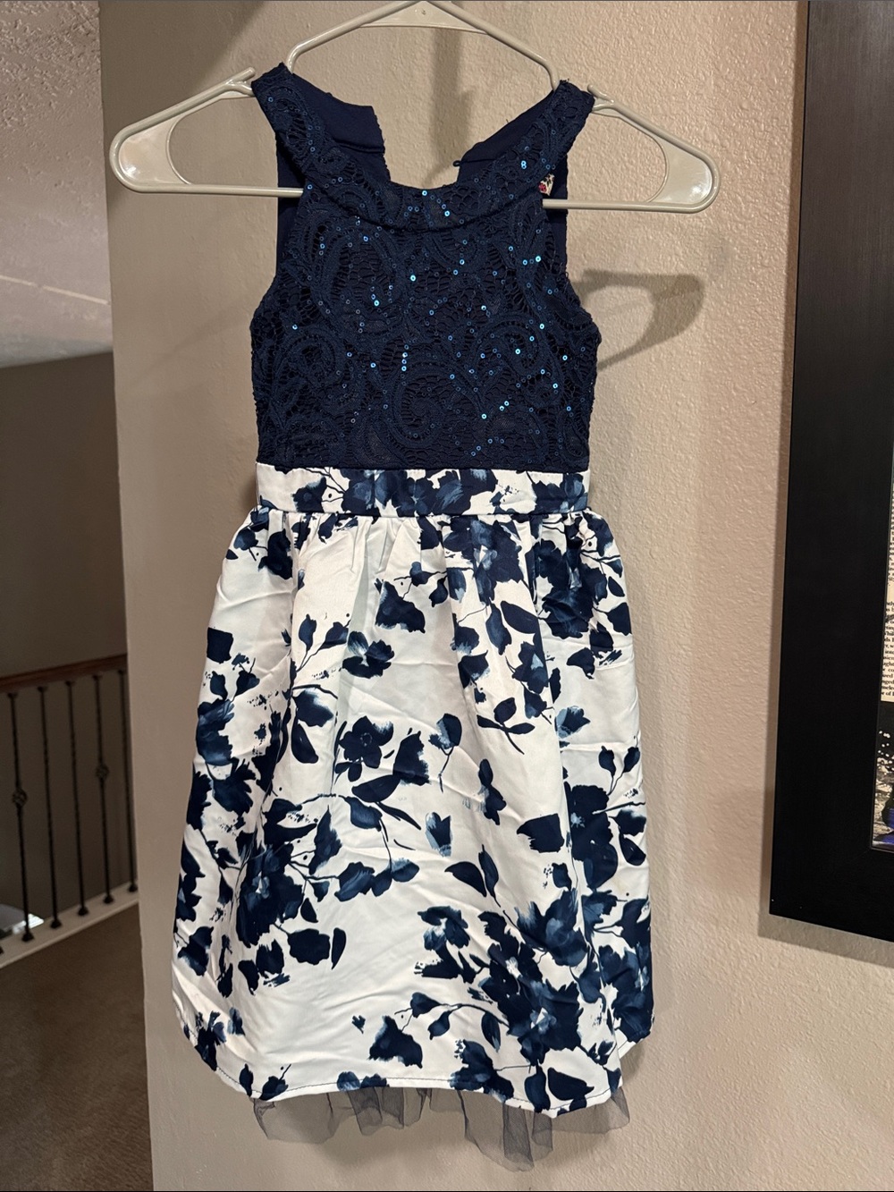 Speechless Navy Sequin Lace Bodice Floral Skirt Dress